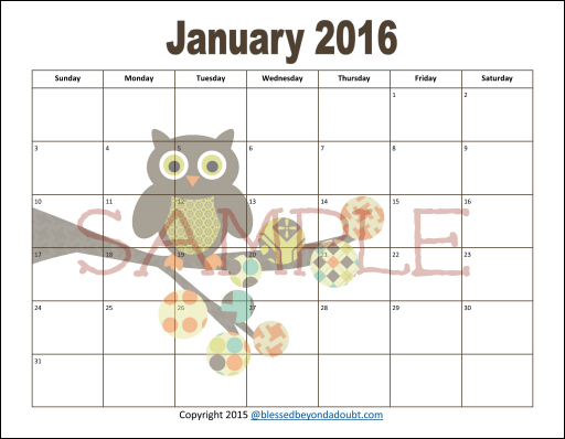 FREE 2016 Monthly Printable Calendars - Blessed Beyond A Doubt