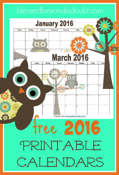 FREE 2016 Monthly Printable Calendars - Blessed Beyond A Doubt