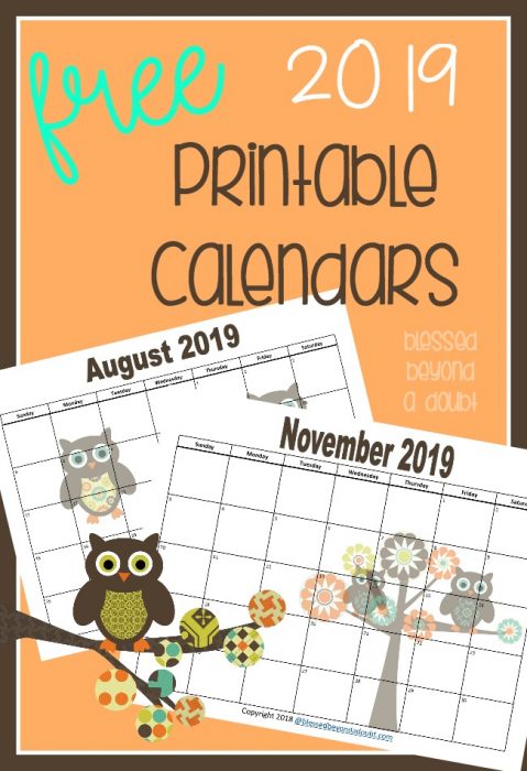 free-2019-monthly-printable-calendars-owl-themed-blessed-beyond-a-doubt